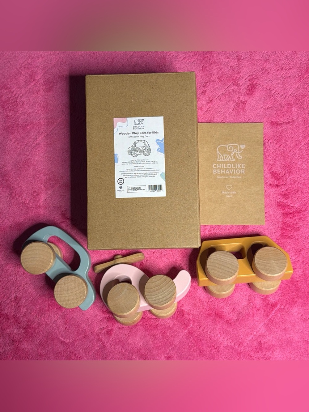 Childlike Behavior Wooden Play Cars - Blue, Pink, Mustard